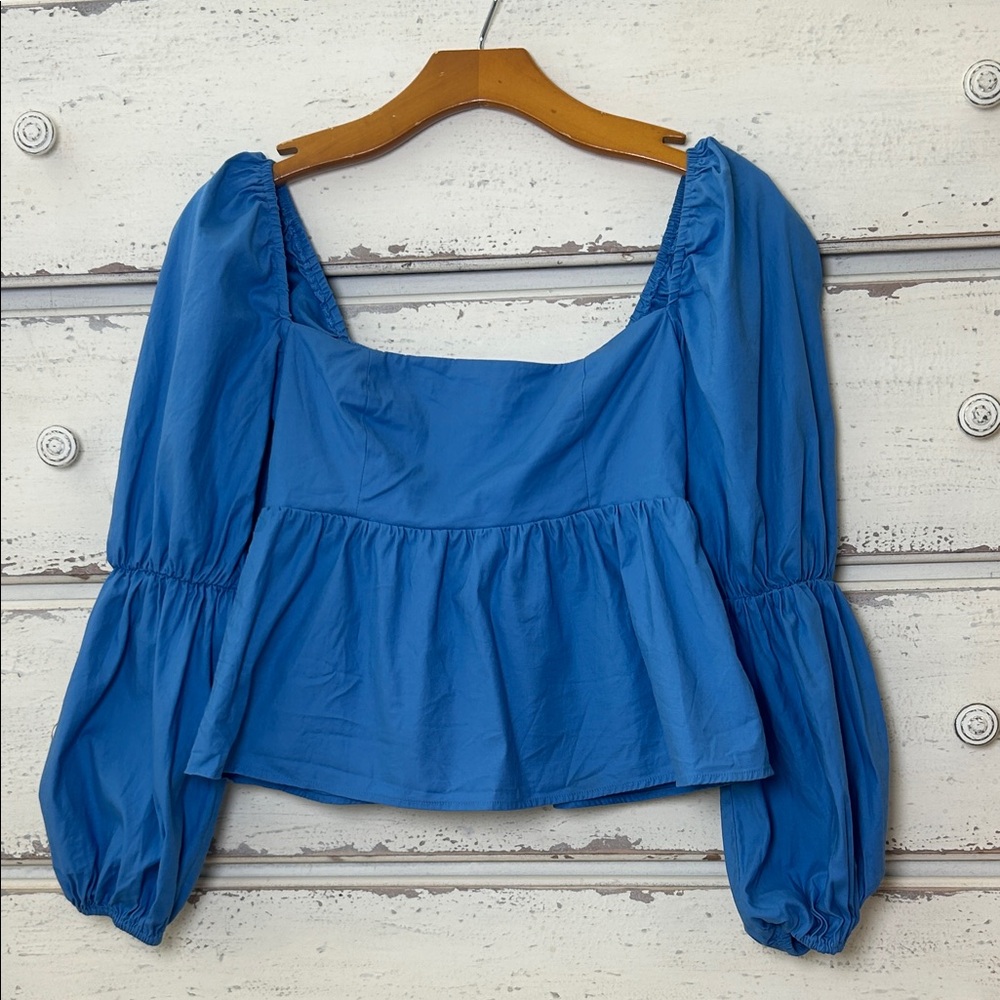 Reformation Blue Square Neck Puff Sleeve Peplum Top Size 2